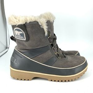 Sorel Women 9.5 Boots Mid Lace Up Shoes Gray Suede Waterproof Tivoli Faux Fur